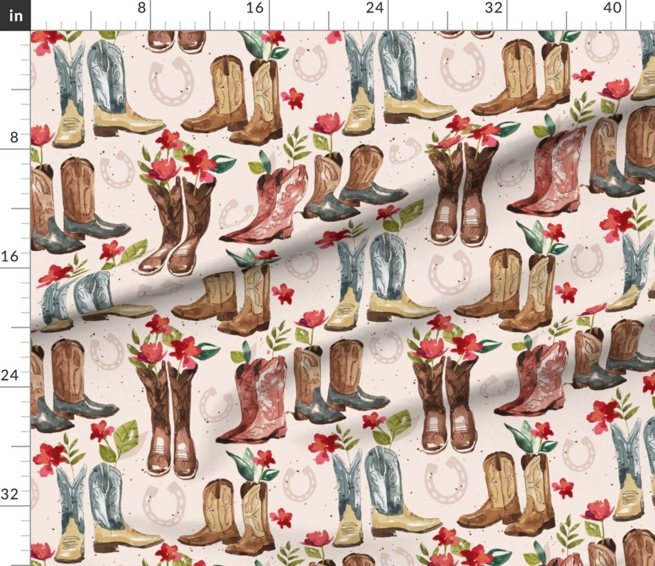 Western Boots Large Pink Floral Horse Watercolor Cowboy Custom Printed Fabric by Spoonflower Various Fabrics by the Yard or Fat Quarter